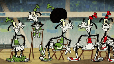 A Group Of Goofy Cartoon Characters Are Sitting In A Row GIF
