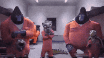 A Group Of Gorillas In Orange Jumpsuits Are Holding Guns GIF