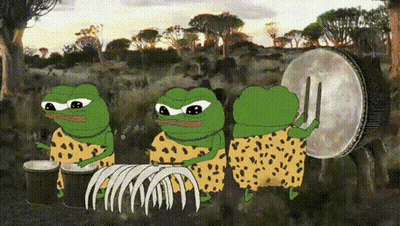 A Group Of Green Frogs Are Playing Drums In A Field . GIF