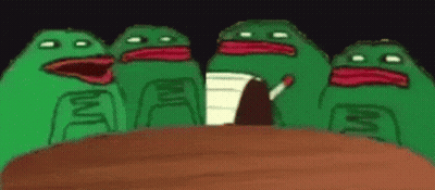 A Group Of Green Frogs Are Sitting Around A Table With A Man Smoking A Cigarette . GIF