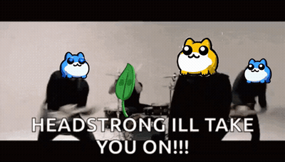 A Group Of Hamsters Are Playing Drums In A Video That Says Headstrong Ill Take You On !!! GIF