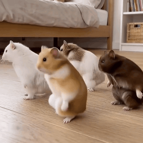 Group Of Hamsters On Wooden Floor GIF