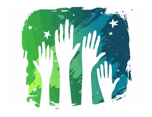 A Group Of Hands Are Raised In The Air With A Green And Blue Background Sticker