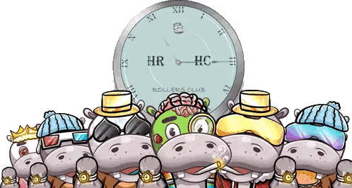 A Group Of Hippos Standing In Front Of A Clock That Says Rollers Club On It Sticker