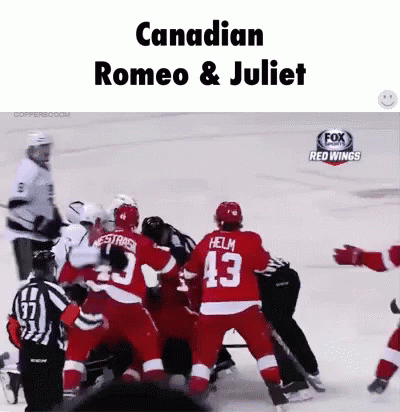 A Group Of Hockey Players Are Playing A Game With The Words Canadian Romeo & Juliet Above Them GIF