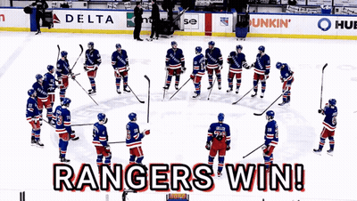 A Group Of Hockey Players Standing On A Rink With The Words Rangers Win On The Bottom GIF