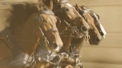 A Group Of Horses Are Being Pulled By A Man And The Word Ben-Huir Is On The Bottom Right GIF