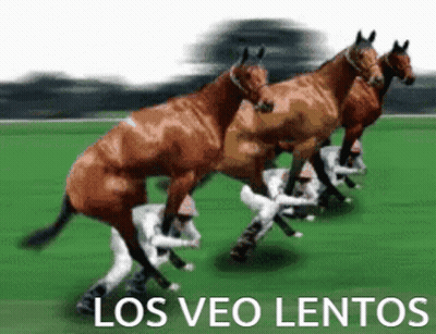 A Group Of Horses Are Racing On A Grassy Field With The Words Los Veo Lentos Written Below Them GIF