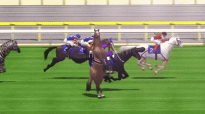 A Group Of Horses Are Racing On A Track And One Of The Horses Has The Number 2 On It GIF