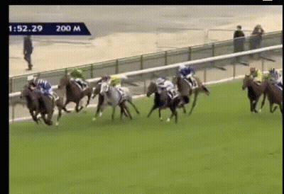 A Group Of Horses Are Racing On A Track With The Time Of 1:52.29 GIF