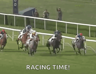 A Group Of Horses Are Racing On A Track With The Words Racing Time Written On The Bottom GIF