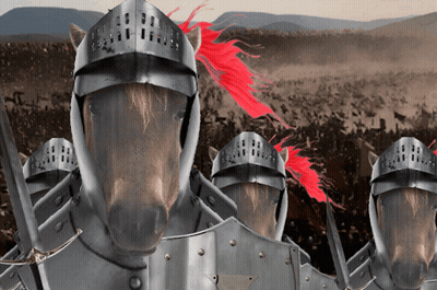 A Group Of Horses Wearing Armor And Helmets Are Standing In A Field GIF