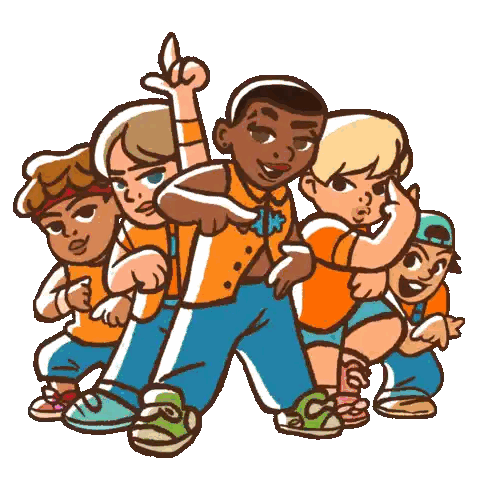 A Group Of Kids Are Posing For A Picture And One Of Them Is Pointing At The Camera Sticker