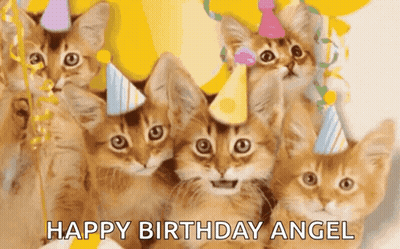 A Group Of Kittens Wearing Party Hats With The Words Happy Birthday Angel Written On The Bottom GIF
