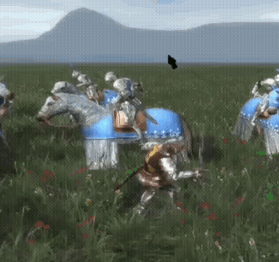 A Group Of Knights Are Riding Horses In A Field With Mountains In The Background . GIF