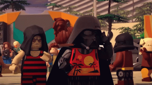 A Group Of Lego Figures Including Darth Vader And A Woman GIF