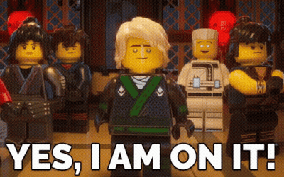 A Group Of Lego Figures Standing Next To Each Other With The Words " Yes I Am On It " Above Them GIF