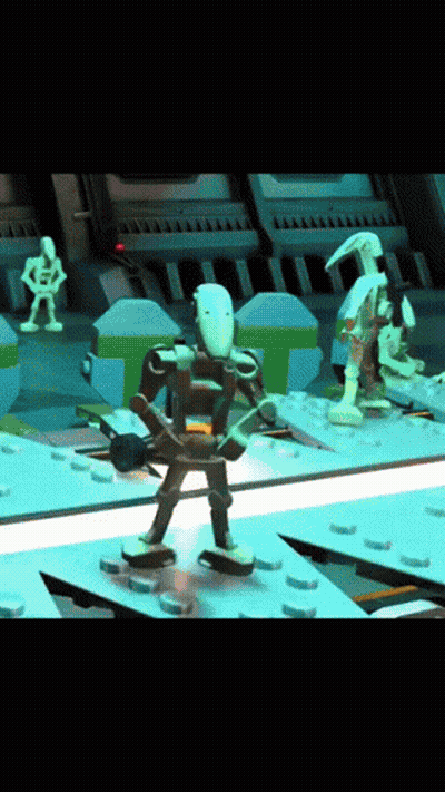 A Group Of Lego Figures Standing On Top Of A Table In A Room GIF