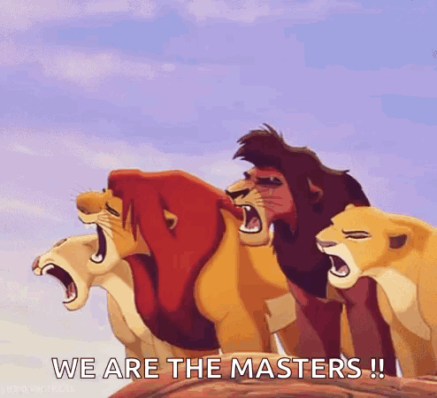 A Group Of Lions Are Standing Next To Each Other With Their Mouths Open And The Words " We Are The Masters " On The Bott GIF