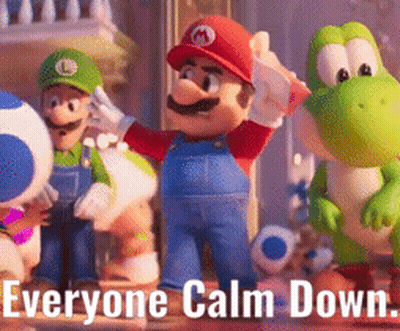 A Group Of Mario And Yoshi Dolls Standing Next To Each Other With The Words Everyone Calm Down Above Them GIF