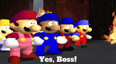 A Group Of Mario Characters Are Standing In Front Of A Fire And The Words Yes Boss Are On The Bottom GIF