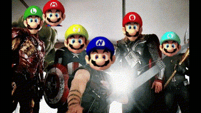 A Group Of Mario Characters Posing For A Photo GIF