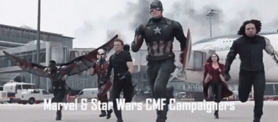 A Group Of Marvel And Star Wars Campaigners Are Running Towards An Airplane GIF
