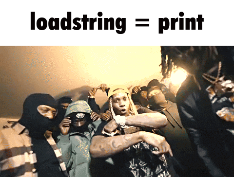 A Group Of Masked Men Standing Next To Each Other With The Words Loadstring = Print Above Them GIF