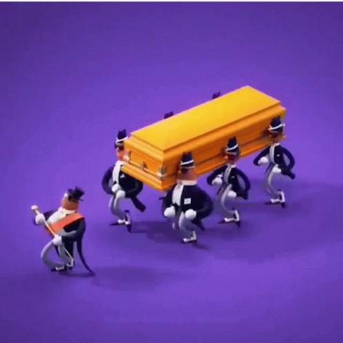 A Group Of Men Are Carrying A Coffin On A Purple Background GIF