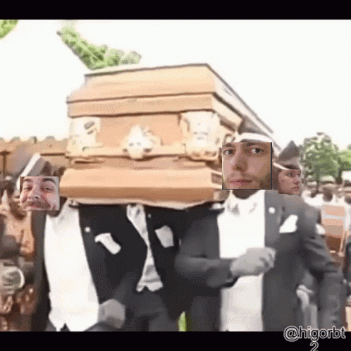 A Group Of Men Are Carrying A Coffin With A Picture Of A Man On It GIF