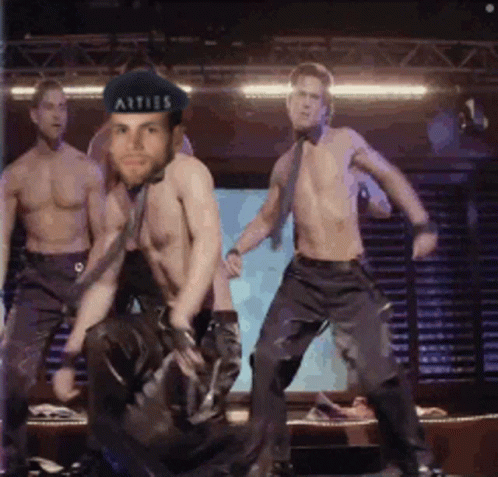 A Group Of Men Are Dancing And One Of Them Has A Hat That Says Alties On It GIF