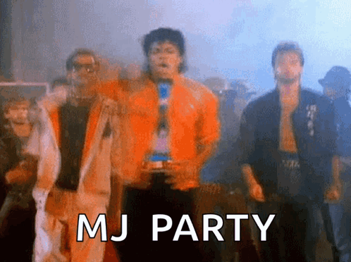 A Group Of Men Are Dancing And The Words Mj Party Are On The Bottom GIF