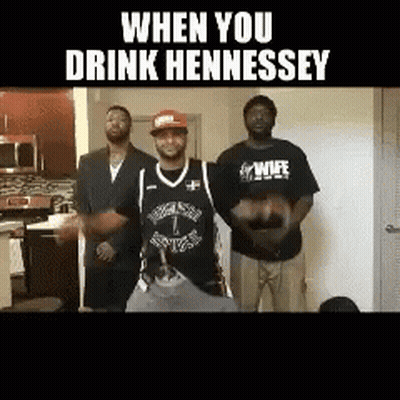 A Group Of Men Are Dancing In A Kitchen With The Words When You Drink Hennessey Above Them GIF