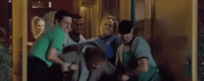 a group of men are dancing in a room with the words applebees has rats written on the bottom