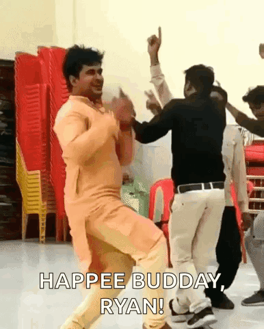 A Group Of Men Are Dancing In A Room With The Words Happee Budday Ryan In The Corner . GIF