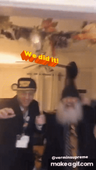 A Group Of Men Are Dancing In A Room With The Words We Did It Behind Them GIF