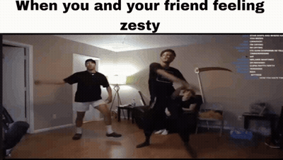 A Group Of Men Are Dancing In A Room With The Words When You And Your Friend Feeling Zesty On The Bottom GIF