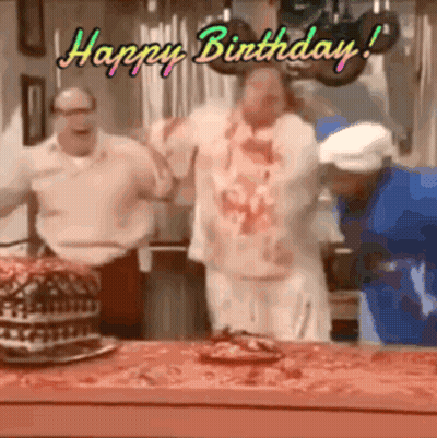 A Group Of Men Are Dancing In Front Of A Birthday Cake With The Words Happy Birthday Written Above Them GIF