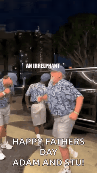 A Group Of Men Are Dancing In Front Of A Car With The Caption Happy Fathers Day Adam And Stu . GIF