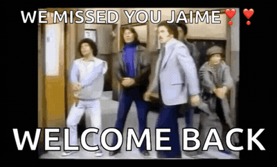 A Group Of Men Are Dancing In Front Of A Door With The Words Welcome Back On The Bottom GIF