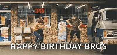 A Group Of Men Are Dancing In Front Of A Fast Food Restaurant While A Van Is Parked In Front Of Them . GIF