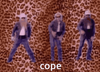 A Group Of Men Are Dancing In Front Of A Leopard Print Background And The Word Cope Is On The Bottom GIF