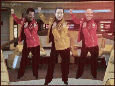 A Group Of Men Are Dancing In Front Of A Sign That Says Dark Materia GIF