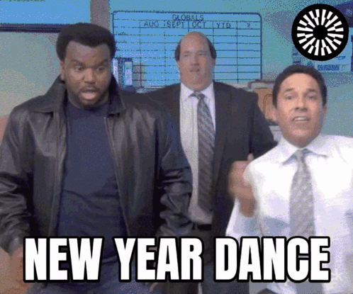 A Group Of Men Are Dancing In Front Of A Sign That Says " New Year Dance " GIF