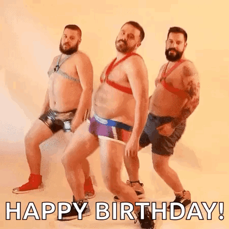 A Group Of Men Are Dancing In Their Underwear And A Happy Birthday Greeting . GIF