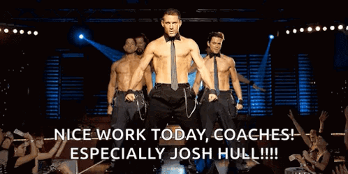 A Group Of Men Are Dancing On A Stage With The Words Nice Work Today Coaches Especially Josh Hull GIF