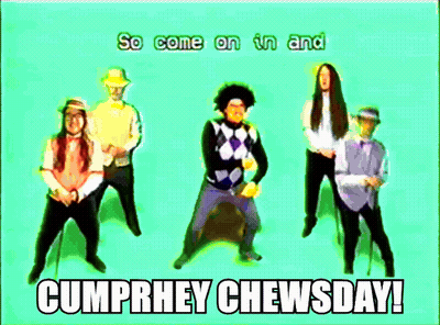 A Group Of Men Are Dancing With The Words Cumphrey Chewsday Written Below Them GIF