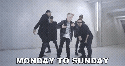 A Group Of Men Are Dancing With The Words Monday To Sunday Written Below Them GIF