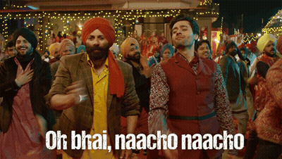 A Group Of Men Are Dancing With The Words Oh Bhai Naacho Naacho In The Background GIF
