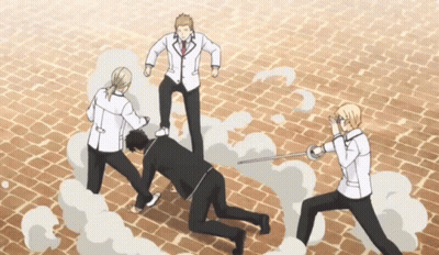 A Group Of Men Are Fighting With Swords On A Brick Ground GIF